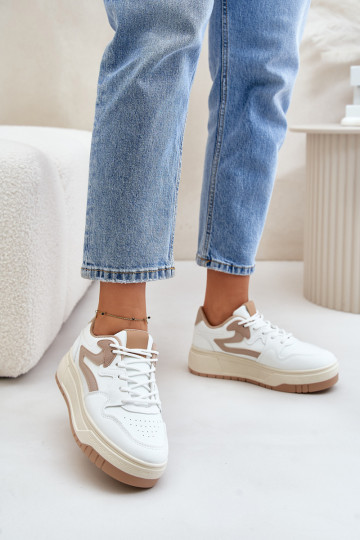 Sieviešu sneakers modeļa apavi no eko ādas ar platformu balto smilšu krāsā Henizore