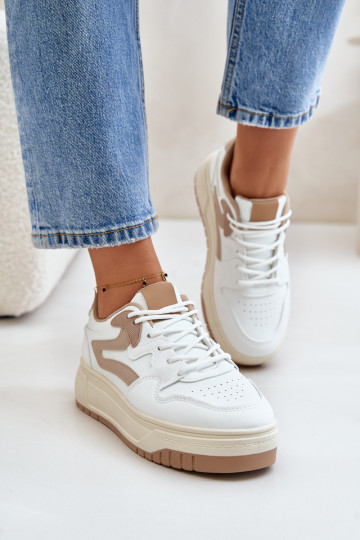 Sieviešu sneakers modeļa apavi no eko ādas ar platformu balto smilšu krāsā Henizore 2