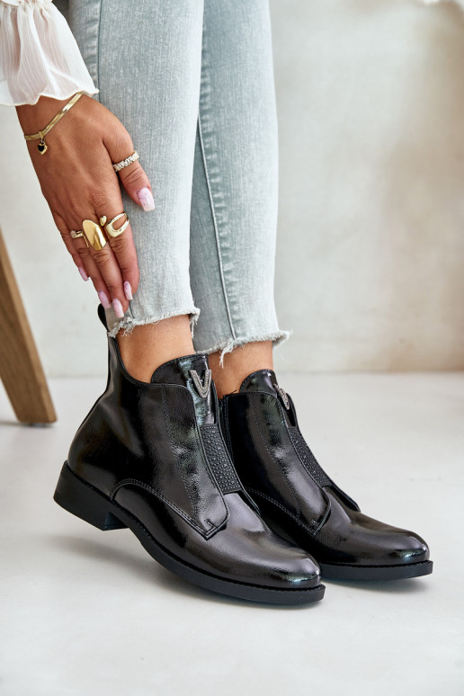 Laque zempapēžu apavi sievietēm ar platiem papēžiem siltināti melnas krāsas S.Barski HY42-120 melnas krāsas Laque zempapēžu apavi sievietēm ar platiem papēžiem siltināti melnas krāsas S.Barski HY42-120 melnas krāsas