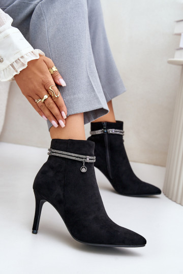 siltināti Sieviešu puszābaki ar papēdi ar dekorētiem papēžiem Eko zamšādaoIne Vinceza 16469 melnas krāsas