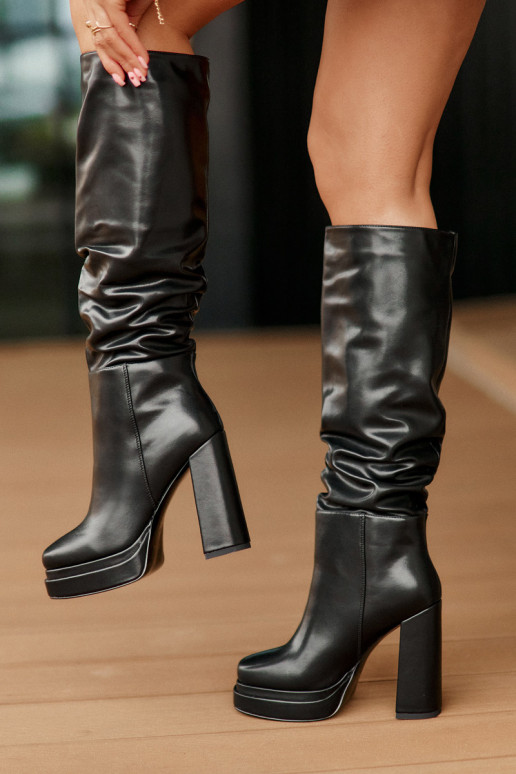 Paslīdēt uz garie zābaki ar papēdi Un platforma Ar volāniem siltināti melnas krāsas Beridra