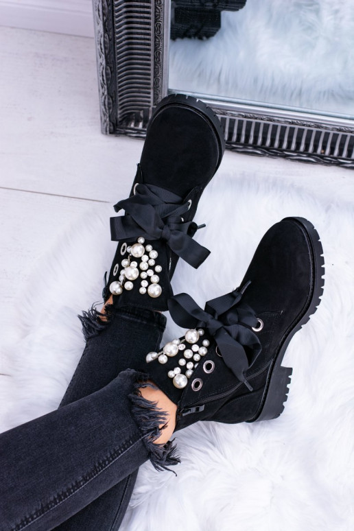 zamšādas siltināti Sieviešu puszābaki Ar pērlēm un lentīti melnas krāsas Perla