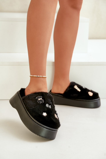 ar kažokādu Čības Sieviešu Uz biezas zoles Z Przypinkami melnas krāsas Zintoria 2