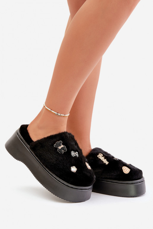 ar kažokādu Čības Sieviešu Uz biezas zoles Z Przypinkami melnas krāsas Zintoria