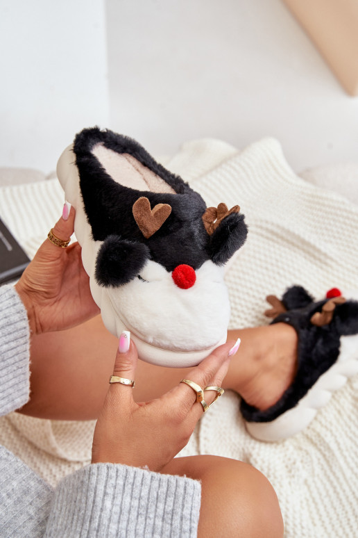 ar kažokādu Čības Sieviešu Ar tēmu Ziemeļbrieži melnas krāsas INistira ar kažokādu Čības Sieviešu Ar tēmu Ziemeļbrieži melnas krāsas INistira