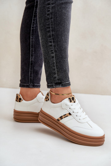 Sneakers modeļa apavi Sieviešu ar platformu ar leoparda kažokādas rakstu baltas krāsas Dravinnia