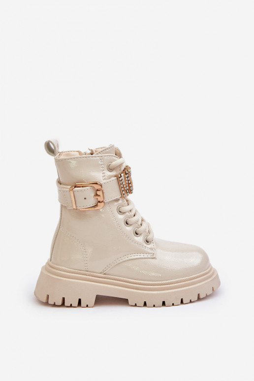 Sieviešu puszābaki Bērnu Laque siltināti ar dekorētiem papēžiem smilšu krāsas Gilian