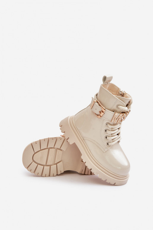 Sieviešu puszābaki Bērnu Laque siltināti ar dekorētiem papēžiem smilšu krāsas Gilian