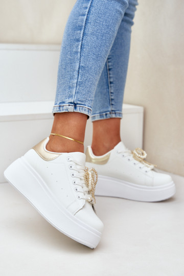 Sneakers modeļa apavi Sieviešu ar platformu Ar rotājumiem Baltas-Zelta krāsas Lerissna