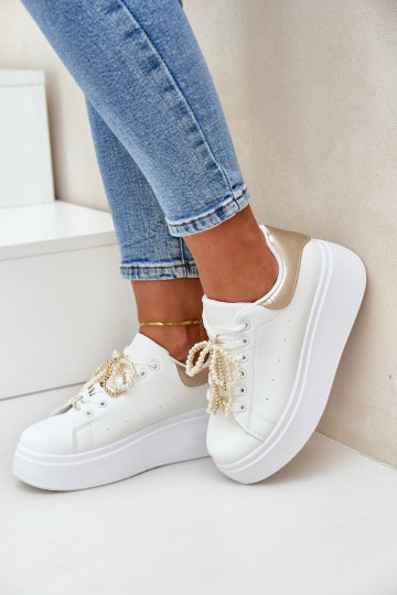 Sneakers modeļa apavi Sieviešu ar platformu Ar rotājumiem Baltas-Zelta krāsas Lerissna 2