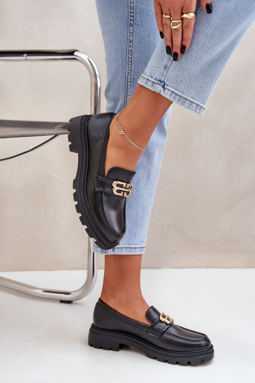 sieviešu mokasīni Ze Zelta krāsasm Detalem melnas krāsas Trionna