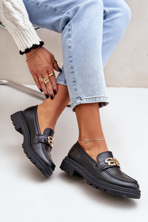 sieviešu mokasīni Ze Zelta krāsasm Detalem melnas krāsas Trionna