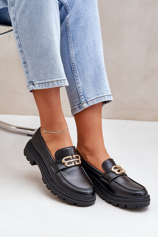 sieviešu mokasīni Ze Zelta krāsasm Detalem melnas krāsas Trionna