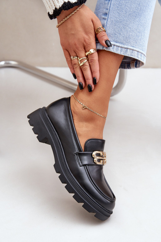 sieviešu mokasīni Ze Zelta krāsasm Detalem melnas krāsas Trionna