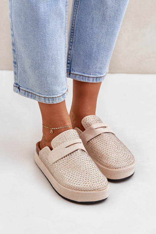 sieviešu čības Dekorētas Cyrkoniami ar platformu smilšu krāsas Deorani sieviešu čības Dekorētas Cyrkoniami ar platformu smilšu krāsas Deorani