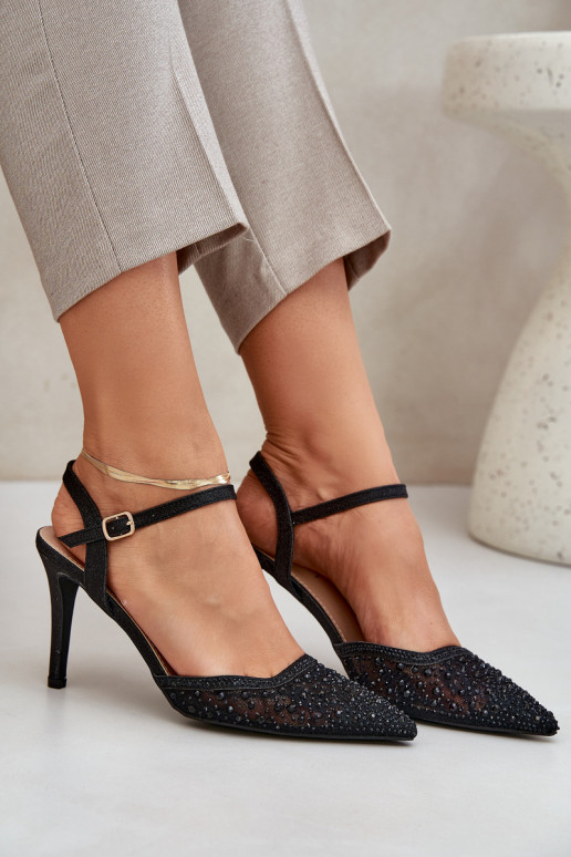 Dekorētas augstpapēžu kurpes Apavi ar spicu purngalu melnas krāsas Ieslēgtsnadra