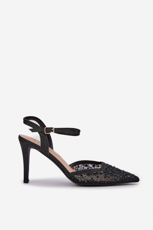 Dekorētas augstpapēžu kurpes Apavi ar spicu purngalu melnas krāsas Ieslēgtsnadra