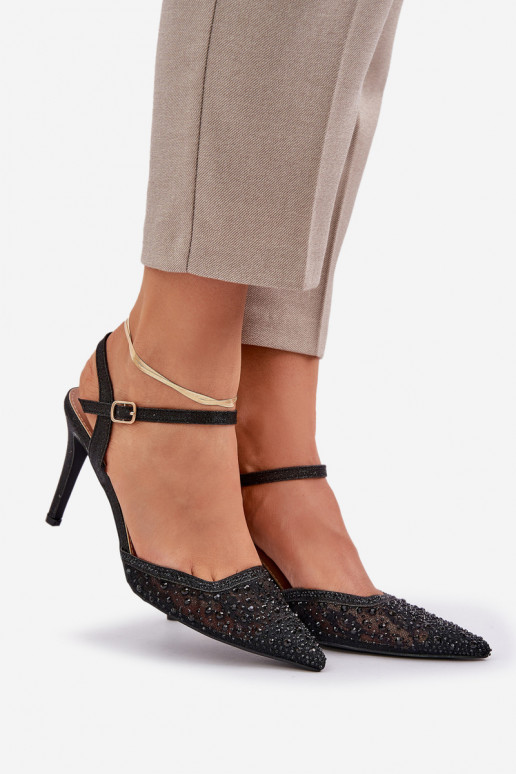 Dekorētas augstpapēžu kurpes Apavi ar spicu purngalu melnas krāsas Ieslēgtsnadra