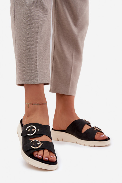 Gaisma sieviešu čības Uz Ķīļa ar sprādzēm melnas krāsas Hellexia