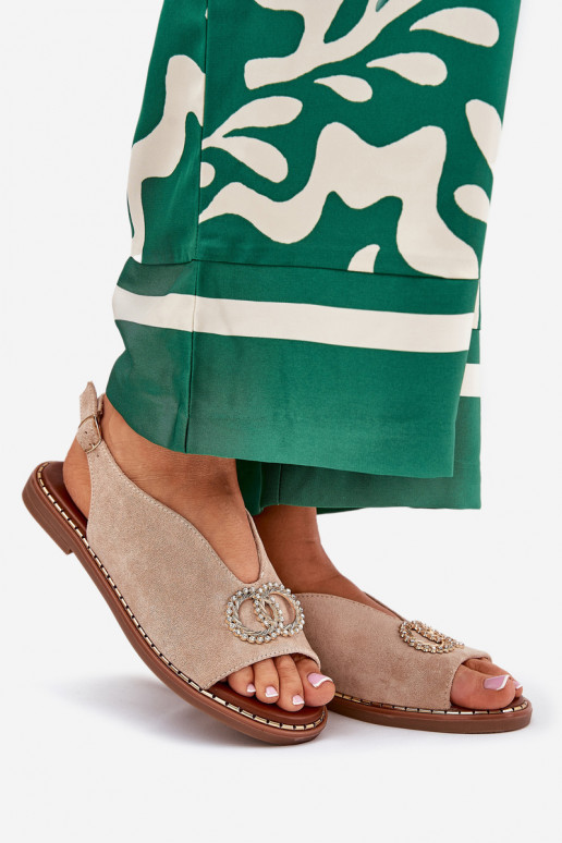 Sieviešu basenes ar ornamentiem ar platiem papēžiem Eko zamšādaoIne smilšu krāsas Ralisses