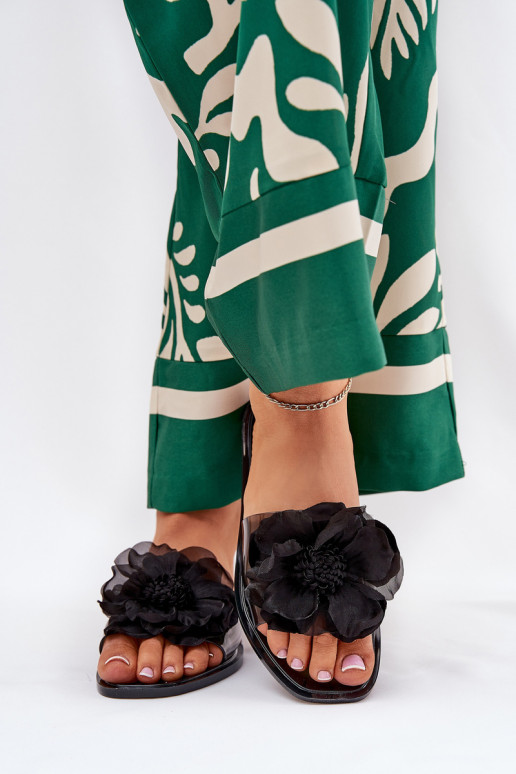 Caurspīdīgas zempapēžu sieviešu čības Ze Sztucznym Puķe melnas krāsas Vobetta Caurspīdīgas zempapēžu sieviešu čības Ze Sztucznym Puķe melnas krāsas Vobetta