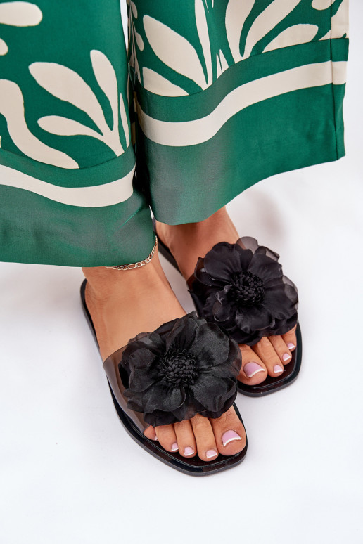 Caurspīdīgas zempapēžu sieviešu čības Ze Sztucznym Puķe melnas krāsas Vobetta Caurspīdīgas zempapēžu sieviešu čības Ze Sztucznym Puķe melnas krāsas Vobetta