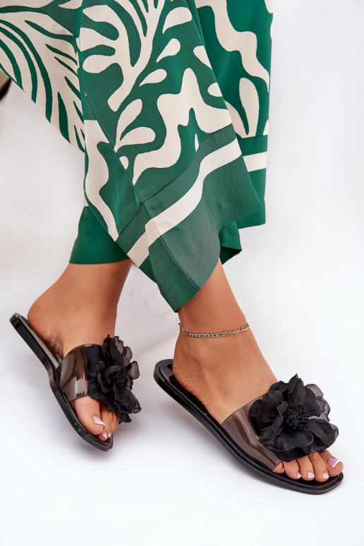 Caurspīdīgas zempapēžu sieviešu čības Ze Sztucznym Puķe melnas krāsas Vobetta Caurspīdīgas zempapēžu sieviešu čības Ze Sztucznym Puķe melnas krāsas Vobetta