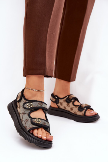 Sieviešu Rakstaina Auduma sandales Ze Zelta krāsasmi Detalami smilšu krāsas-melnas krāsas Pefese