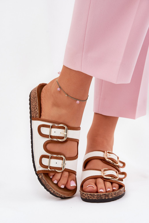 Auduma sieviešu čības Korkovas platformā ar sprādzēm baltas krāsas Osoffe Auduma sieviešu čības Korkovas platformā ar sprādzēm baltas krāsas Osoffe