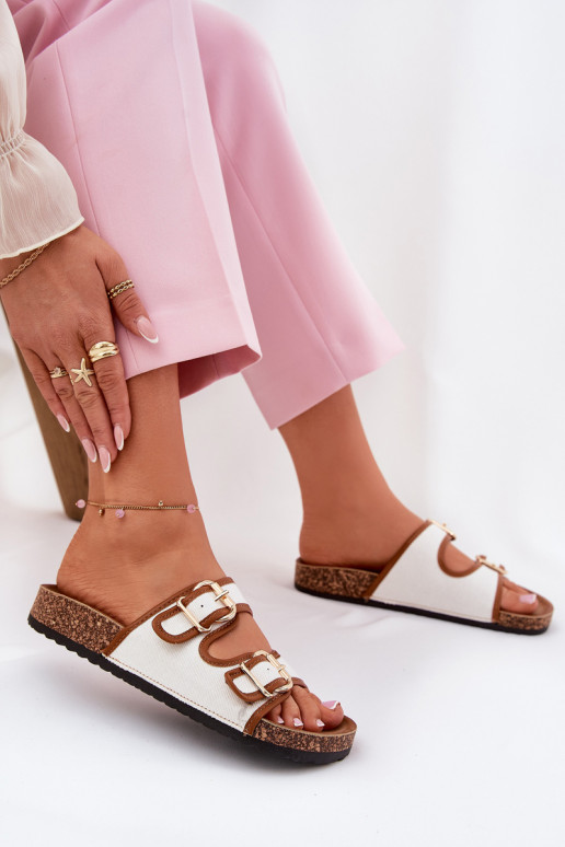 Auduma sieviešu čības Korkovas platformā ar sprādzēm baltas krāsas Osoffe Auduma sieviešu čības Korkovas platformā ar sprādzēm baltas krāsas Osoffe