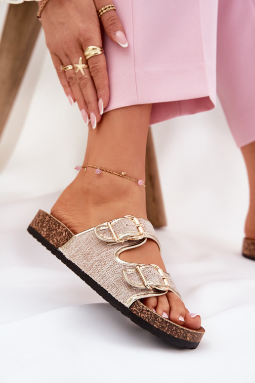 Auduma sieviešu čības Korkovas platformā ar sprādzēm Zelta krāsas Osoffe