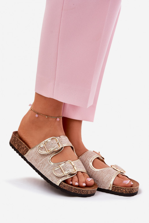 Auduma sieviešu čības Korkovas platformā ar sprādzēm Zelta krāsas Osoffe