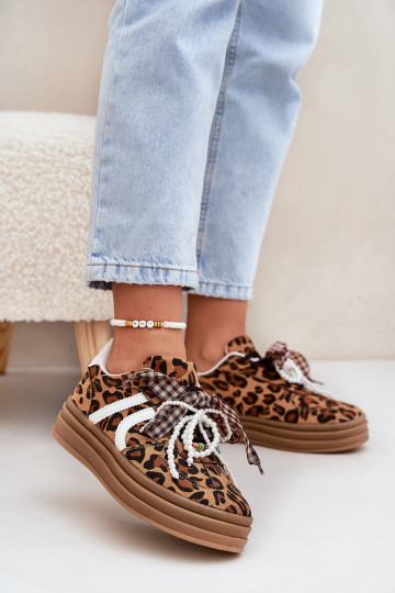 Sneakers modeļa apavi Sieviešu ar leoparda kažokādas rakstu ar platformu Ar rotājumiem brūnas krāsas Vinness