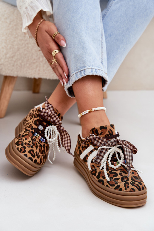 Sneakers modeļa apavi Sieviešu ar leoparda kažokādas rakstu ar platformu Ar rotājumiem brūnas krāsas Vinness Sneakers modeļa apavi Sieviešu ar leoparda kažokādas rakstu ar platformu Ar rotājumiem brūnas krāsas Vinness