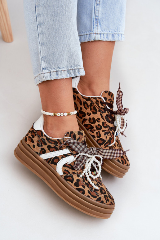Sneakers modeļa apavi Sieviešu ar leoparda kažokādas rakstu ar platformu Ar rotājumiem brūnas krāsas Vinness Sneakers modeļa apavi Sieviešu ar leoparda kažokādas rakstu ar platformu Ar rotājumiem brūnas krāsas Vinness