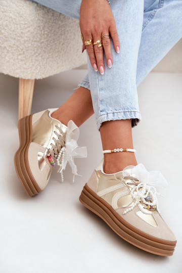Sneakers modeļa apavi Sieviešu ar platformu Ar rotājumiem smilšu krāsas-Zelta krāsas Vinness