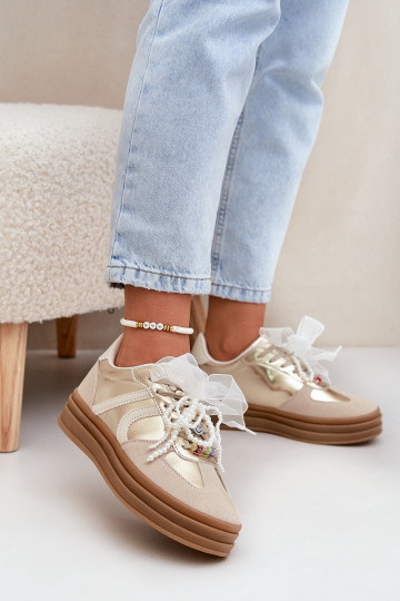 Sneakers modeļa apavi Sieviešu ar platformu Ar rotājumiem smilšu krāsas-Zelta krāsas Vinness 2